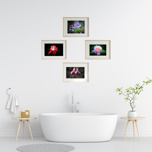 Set of 4 Flower Wall Art Prints – Lotus, Red Bloom, Bell Flower & Lavender Theme | Fibre Photo Artwork for Home Decor | Modern Framed Floral Art Panels