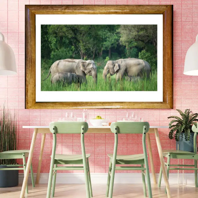 Réunion de familles d'éléphants - Art photographique animalier en bois
