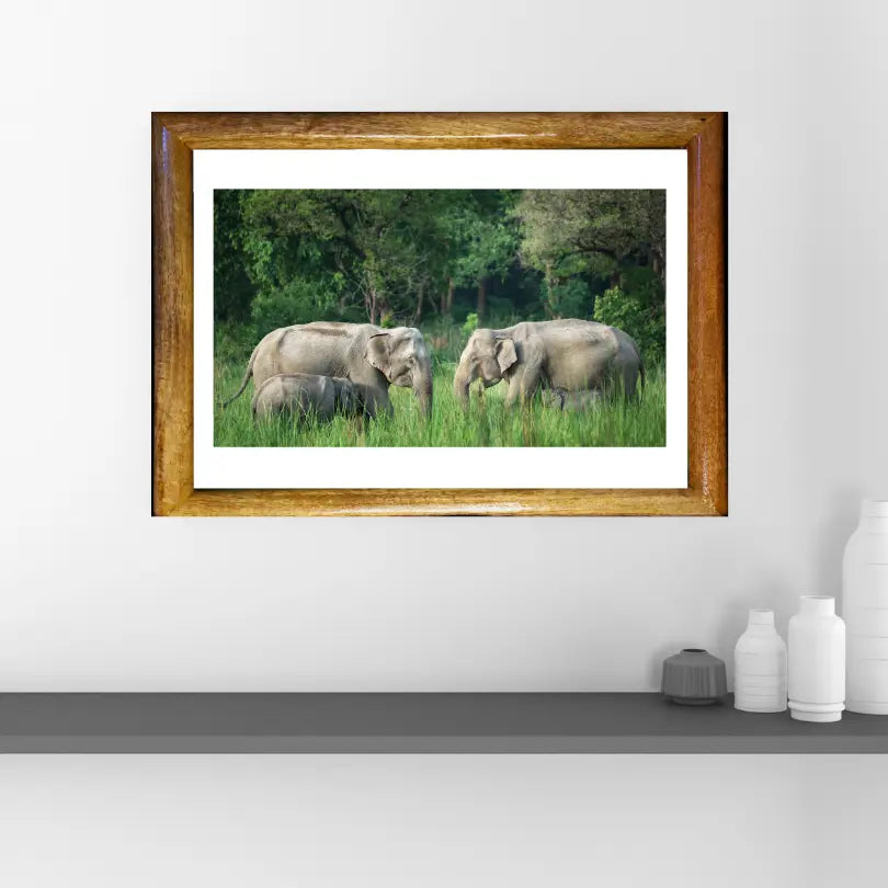 Réunion de familles d'éléphants - Art photographique animalier en bois