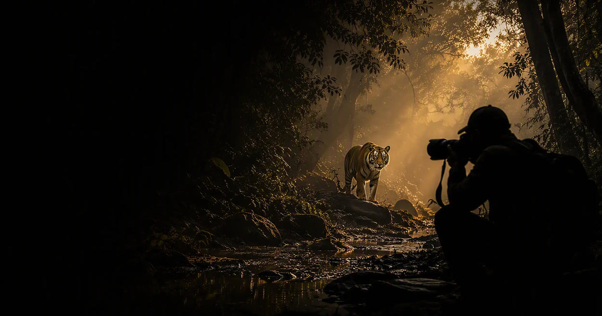 A dramatic outdoor scene in a misty forest with a tiger standing in the center and a silhouetted photographer holding a camera in the lower right. Strong golden light beams shine through the trees.
