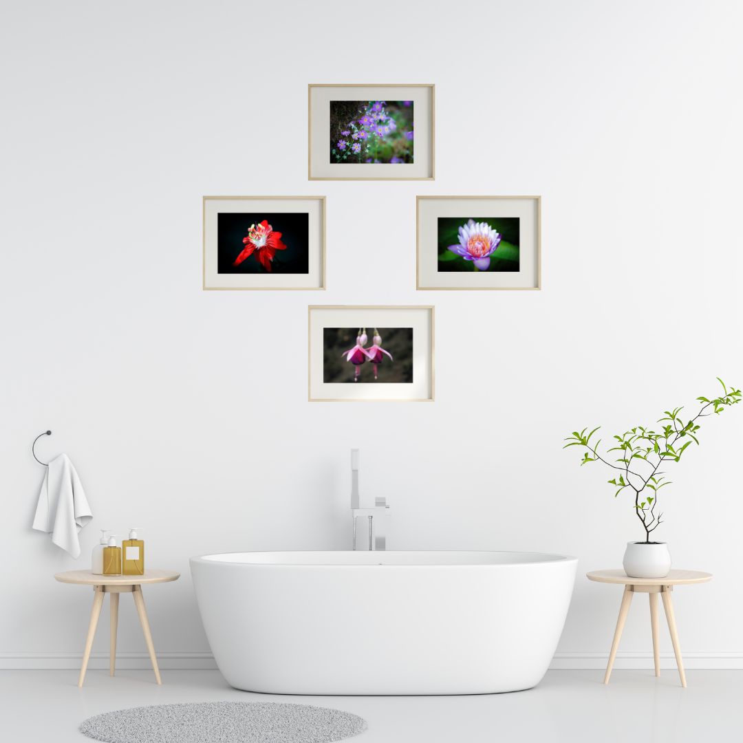 Set of 4 Flower Wall Art Prints – Lotus, Red Bloom, Bell Flower & Lavender Theme | Fibre Photo Artwork for Home Decor | Modern Framed Floral Art Panels