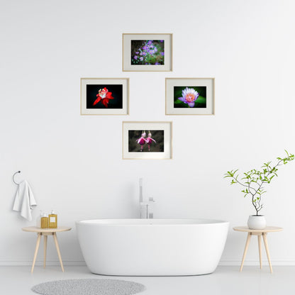 Set of 4 Flower Wall Art Prints – Lotus, Red Bloom, Bell Flower & Lavender Theme | Fibre Photo Artwork for Home Decor | Modern Framed Floral Art Panels