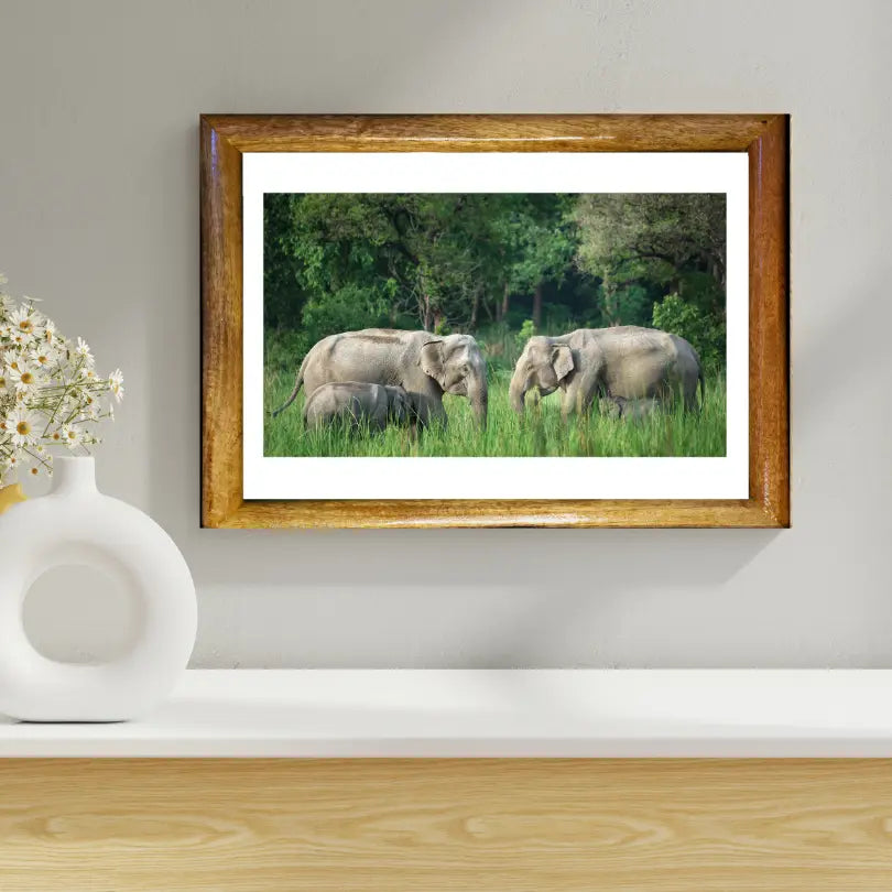 Réunion de familles d'éléphants - Art photographique animalier en bois