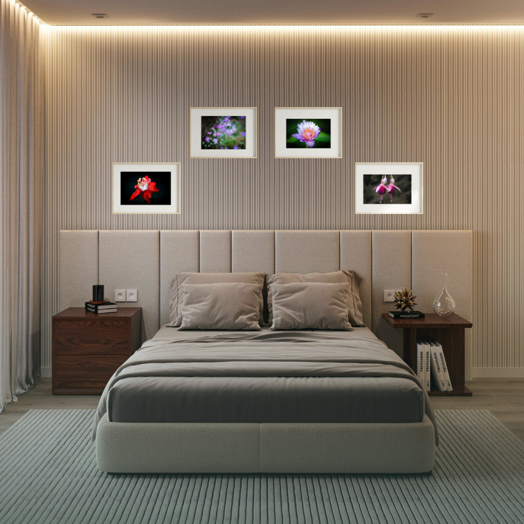 Set of 4 Flower Wall Art Prints – Lotus, Red Bloom, Bell Flower & Lavender Theme | Fibre Photo Artwork for Home Decor | Modern Framed Floral Art Panels