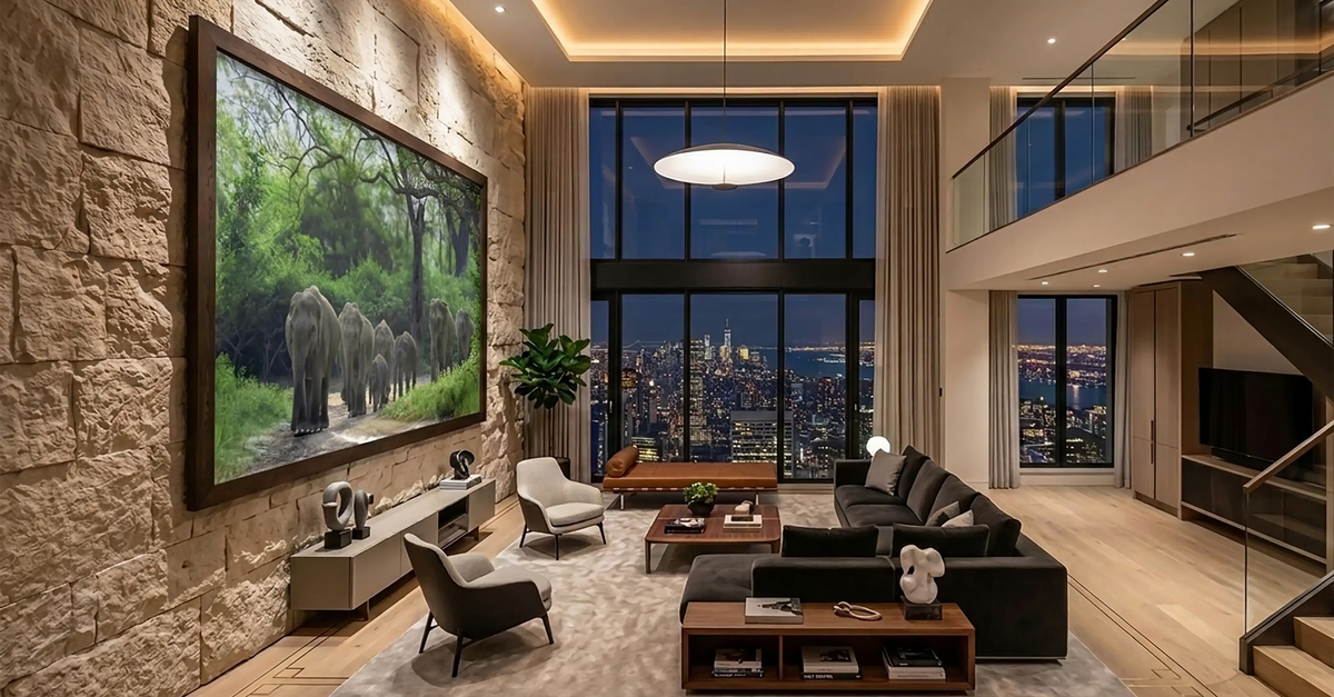 A large framed wildlife painting of elephants in a forest hangs on a stone wall in a modern, high-ceilinged living room with a city view at night.