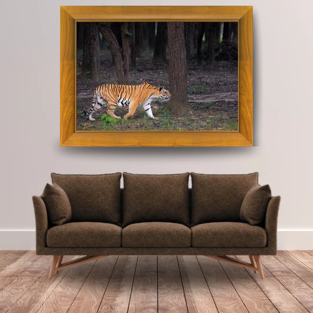 Tigre sauvage en faction – Cadre photo en bois artisanal | Décoration murale d'art animalier